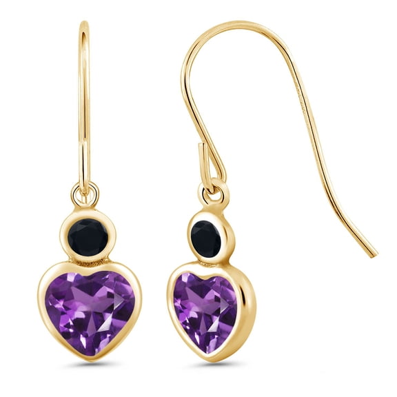 Gem Stone King 14K Yellow Gold Purple Amethyst and Black Onyx Drop French Wire Earrings for Women (1.04 Cttw, Gemstone February Birthstone, Heart Shape 5MM, Round 3MM)