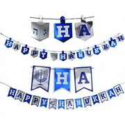 happy hanukkah banner chanukah decorations, 2 hannukah banners - 5 feet in length
