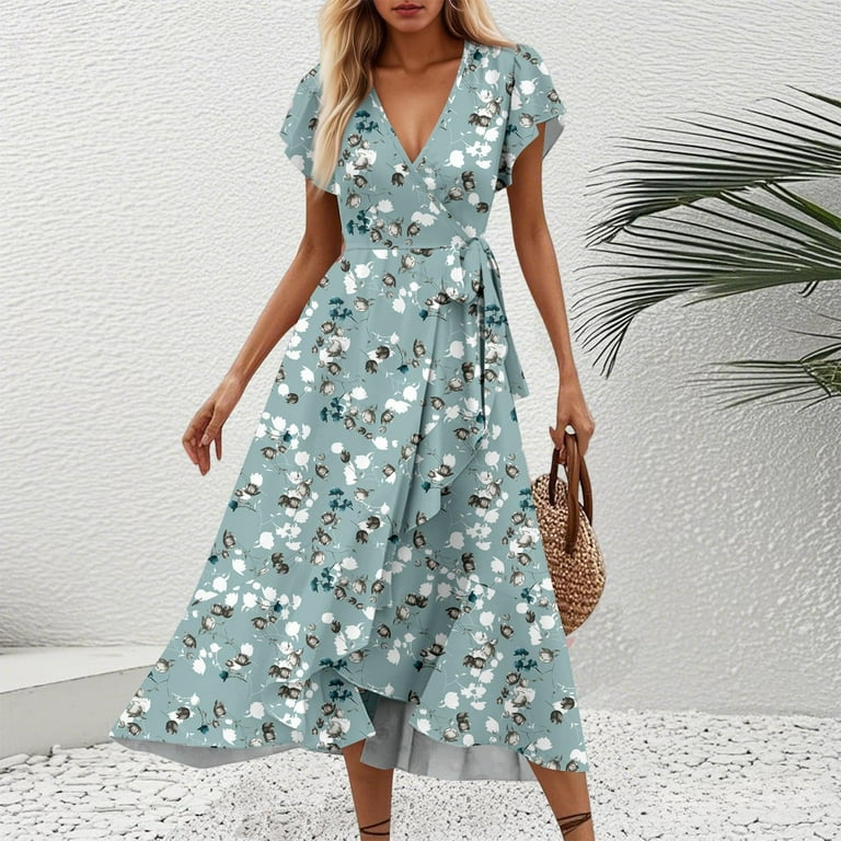 QLEICOM Women Casual Loose Bohemian Floral Dress, Sexy Wrap V Neck Ruffle  Cap Short Sleeve Maxi Dress, A-Line Pleated Hem Summer Beach Swing Sun Dress,  Summer Dresses for Women 2025 - Walmart.com