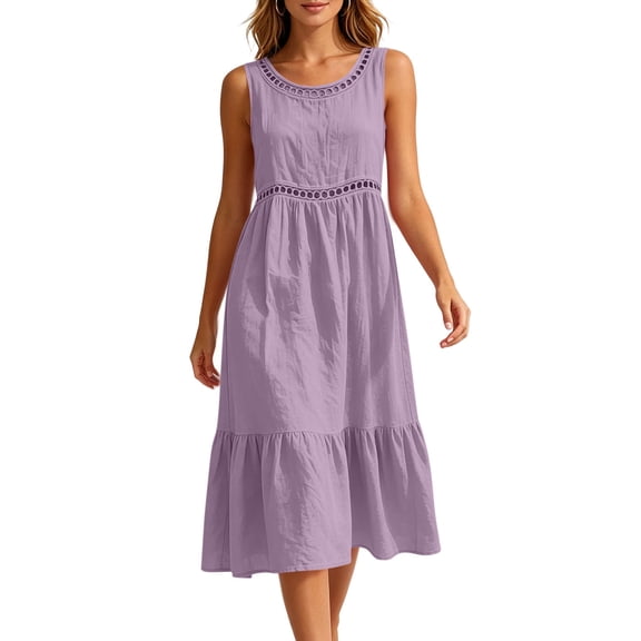 Efsteb Dresses for Women Sleeveless Tiered Midi Dress Round Neck Lace Trim Flowy Ruffle Hem Dresses Casual Loose A-Line Swing Dress for Beach Vacation (Purple,XL)