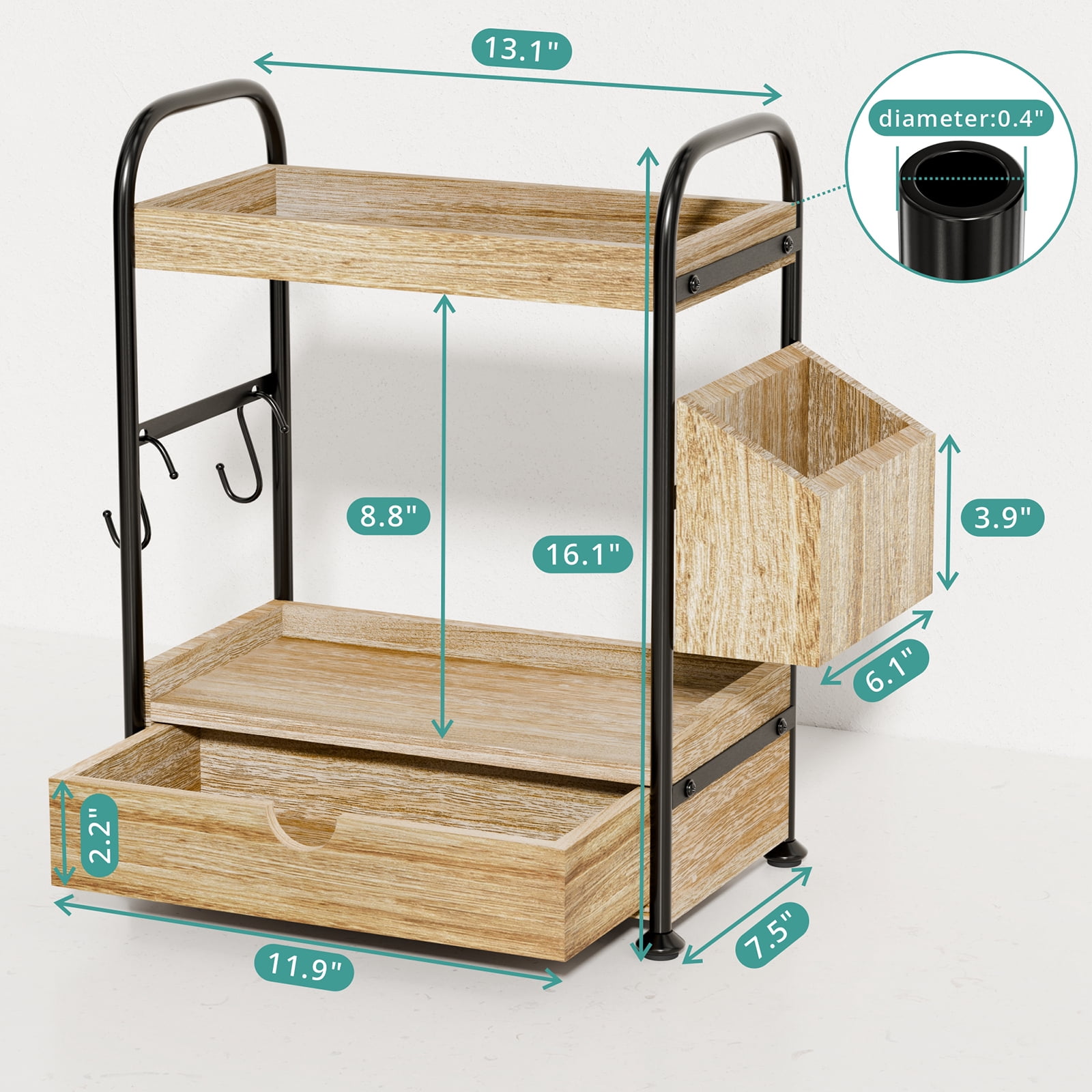 2 Tier Bathroom Counter Organizer with Drawer, Wooden Vanity Skincare Storage Shelf with Thickened Iron Frame, Countertop Shelves with Basket and Hooks for Bathroom Makeup Organization (Light Brown)