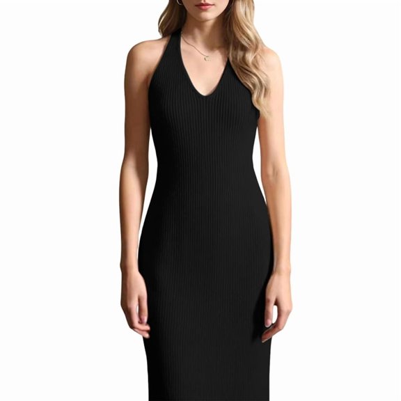 Womens Summer Bodycon Knit Long Dress Spring Beach V Neck Casual Sleeveless Ribbed Sweater Dresses Black XL