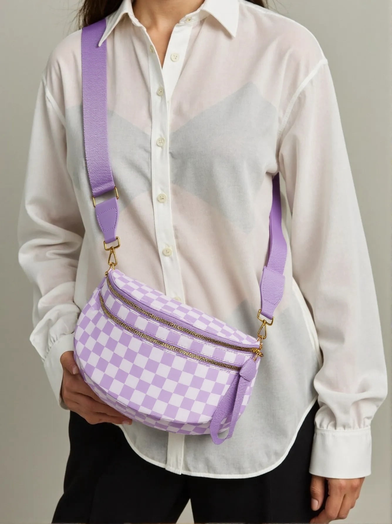 Nylon Bum Bags Plus Size Fanny Pack Sling Bag Belt Bag for Women Travel, Checkered Crossbody Bags for Women