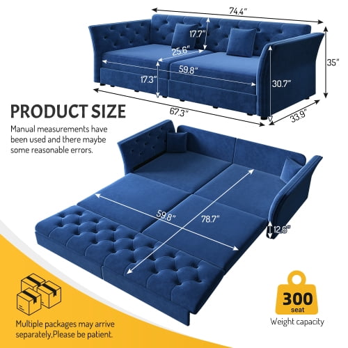 100" Oversize Velvet Pull Out Sofa Bed, Convertible Sleeper Loveseat with Handmade Flower Tufted Design, Multi-Functional Sofa Couch for Living Room & Bedroom, Blue