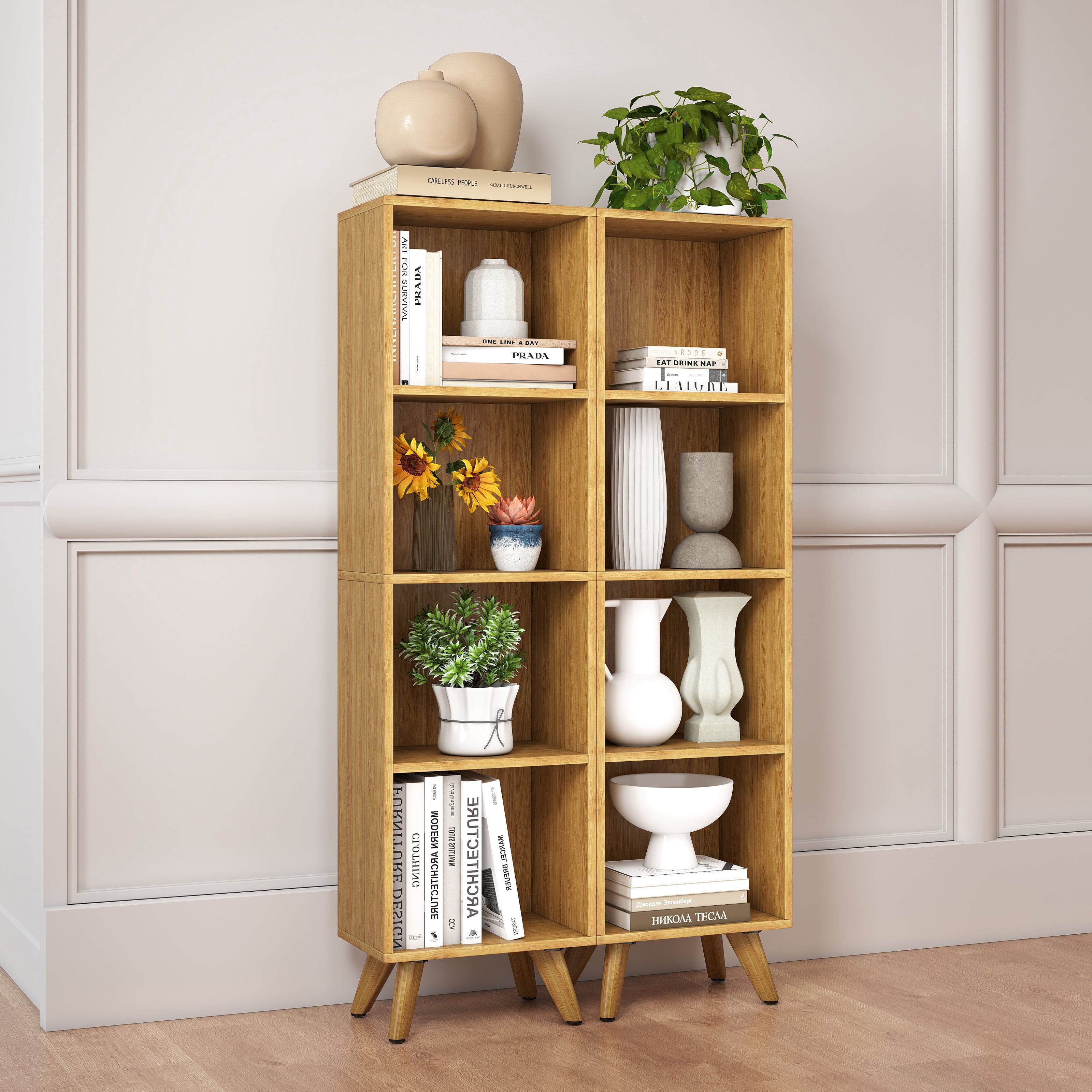 Manxile 4 Cube Vertical Storage Organizer, Natural Wood Bookshelf for Living Room, Bedroom, Study Room