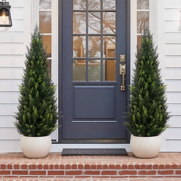 2 Pack 3FT Tall Artificial Cedar Topiary Trees, Lifelike Faux Evergreen Fake Shrubs Bushes, Decorative Greenery for Front Porch, Front Door, Garden & Indoor Living Room Home Decor