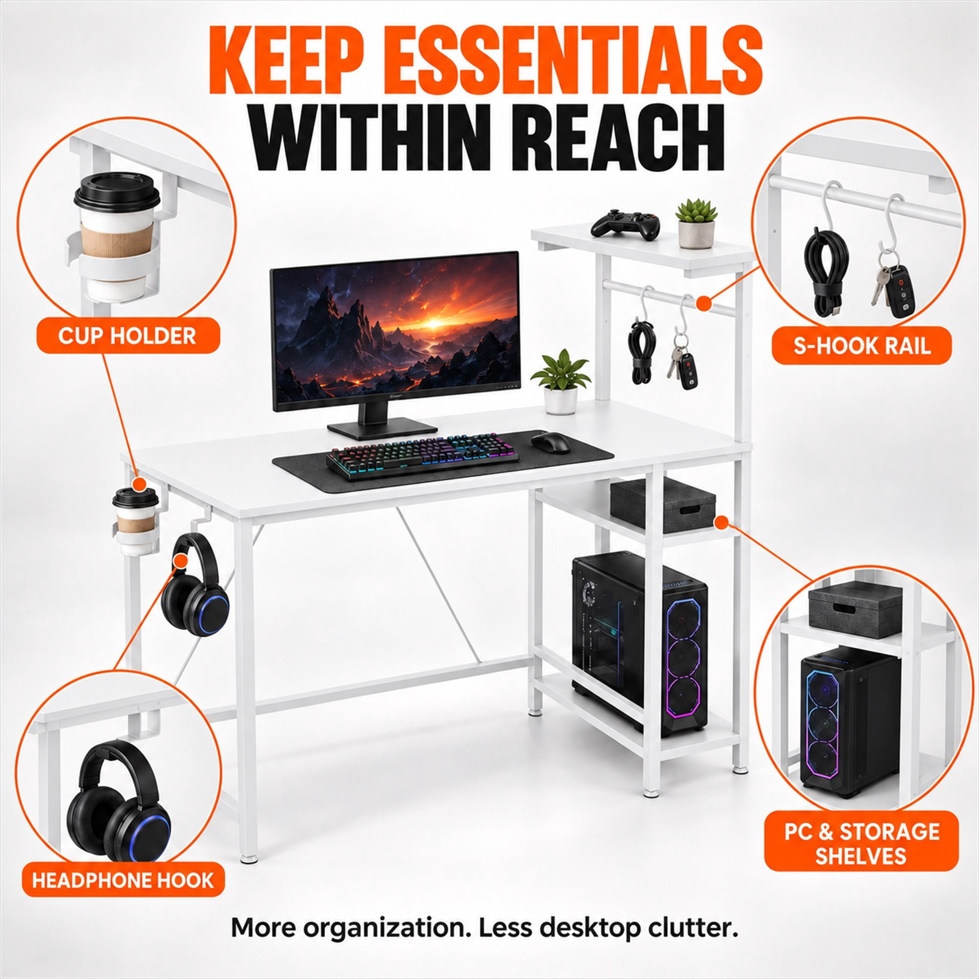 CloudRest Pro 44 Inch Gaming Desk with RGB LED Lights, Reversible Computer Desk with 4-Tier Storage Shelves, Cup Holder and Headphone Hook, White