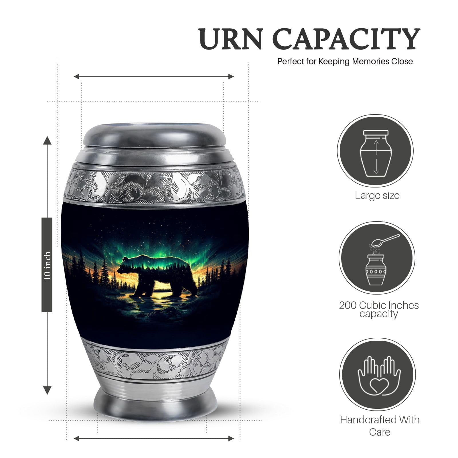 KARYLIZ Bear Adult Urns for Human Ashes Men - Aurora Borealis Large Outdoor Urn - Funeral Ash Holder - Cremation Urns for Men & Women - Burial Urn for Human Ashes Adult Male 10 Inch