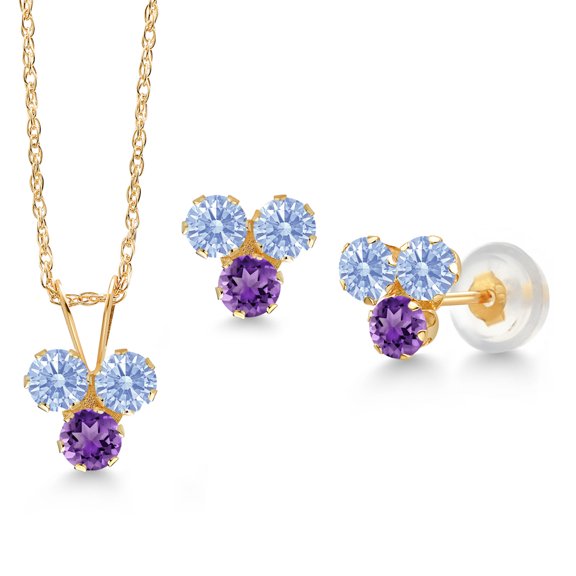 Gem Stone King 14K Yellow Gold Arctic Blue Zirconia and Purple Amethyst 3 Stone Pendant and Earrings Jewelry Set for Women (0.96 Cttw, Round 3MM, with 18 inch Chain)