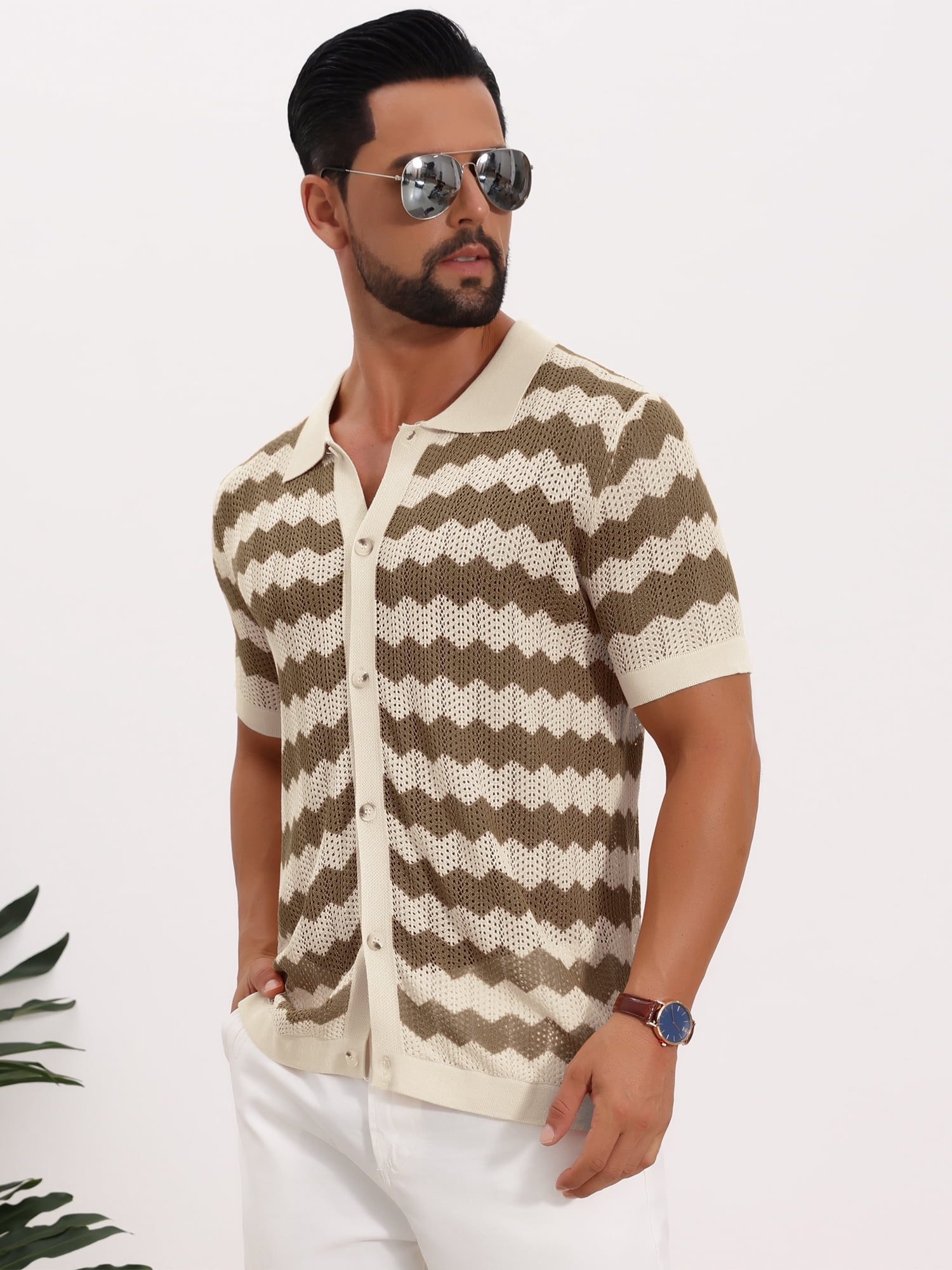 DARING DIVA Men's Wave Crochet Hollow Out Button Down Striped Shirts L Brown