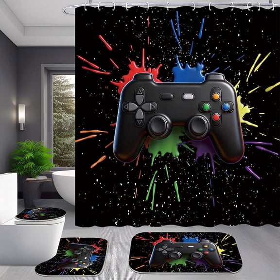 4-Piece Video Game Controller Colorful Splatter Shower Curtain Set with Rugs