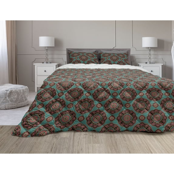 Oriental Comforter & Sham Bedding Set, Pattern with Floral Mandala Motifs Eastern Traditional Colorful Ornament, 3 pcs Duvet Set Microfiber Filling Quilt, 5 Sizes, Multicolor, by Ambesonne