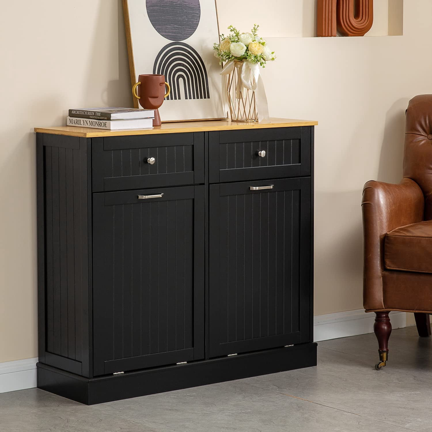 GAZHOME Kitchen Trash Can Cabinet, Double Tilt Out 20 Gallon Garbage Cans Cabinet, Black