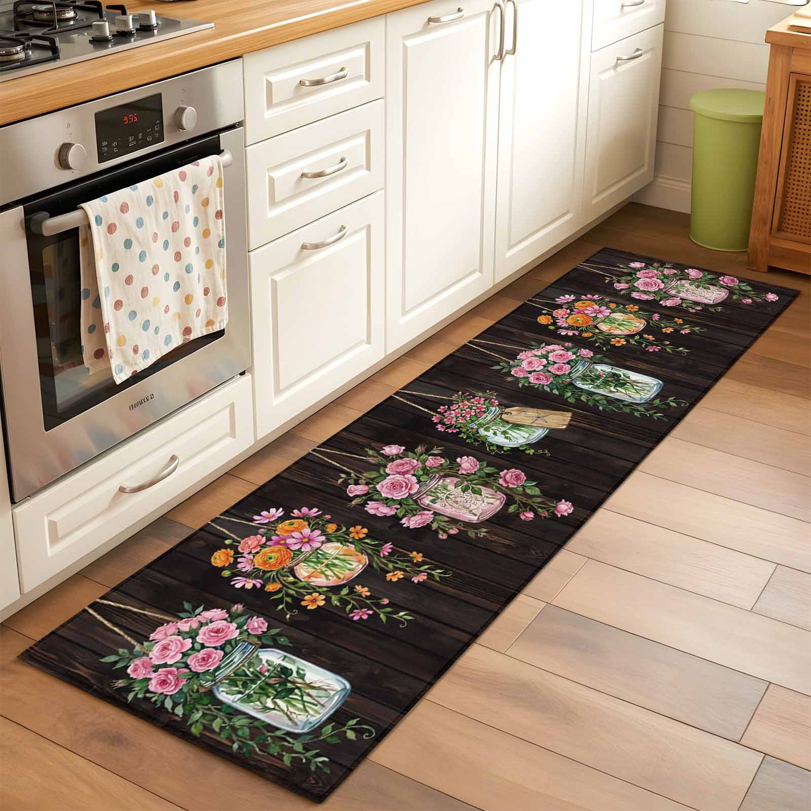Pink Spring Floral 2'x6' Runner Rugs for Hallway Kitchen Bedside Non Slip Washable, Farmhouse Botanical Wooden Retro Art Entryway Rug Runners with Rubber Backing, Long Carpet Runner for Laundry Room