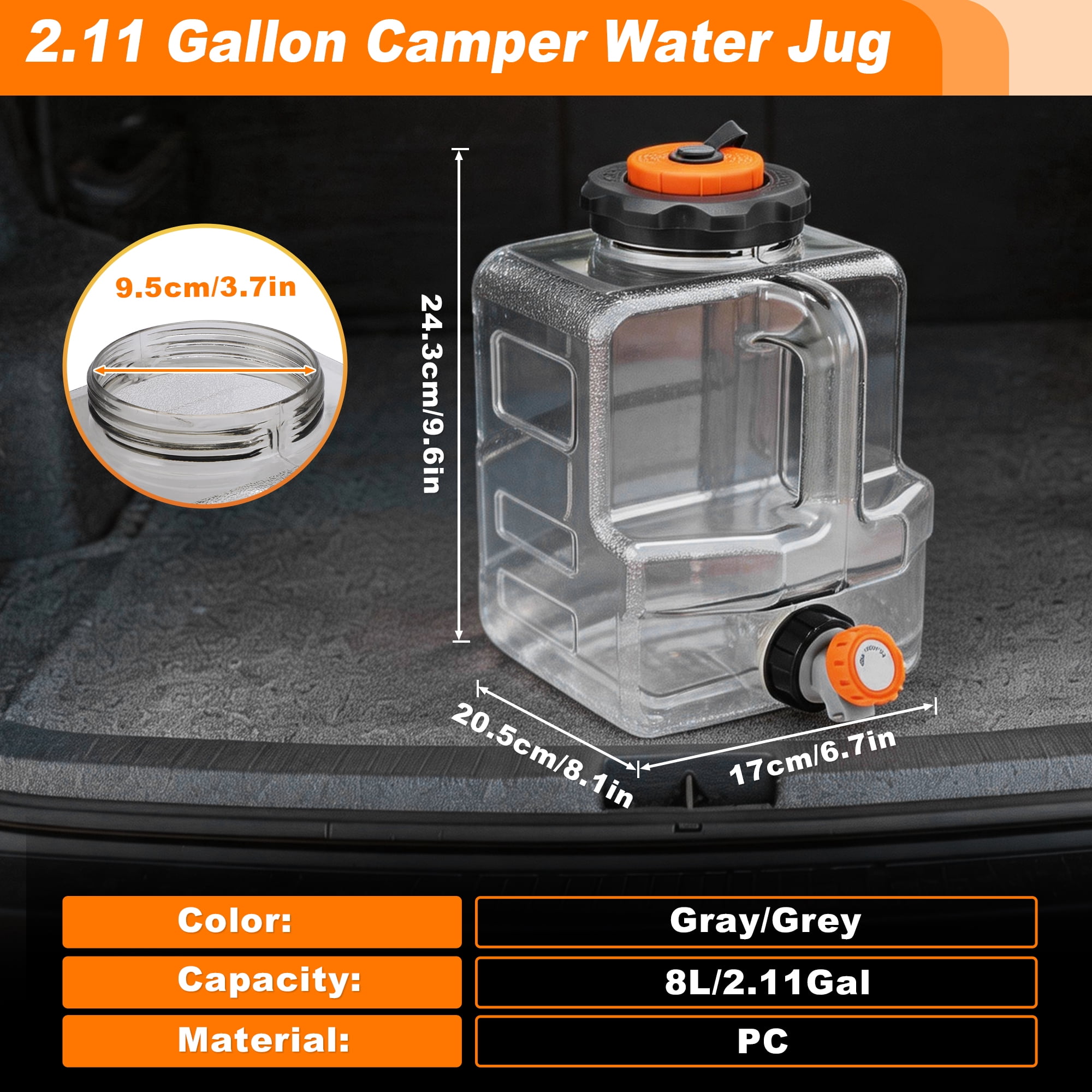 Unique Bargains 8L/2.11Gal Camping Water Jug with Spigot RV Water Storage Tank Emergency Water Container Portable Water Bucket RV Camping Outdoor Picnic No Leakage Adjustable Water Flow Gray