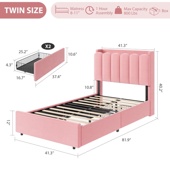 LED Platform Bed Frame with Wavy Upholstered Bookcase Headboard – 2 Storage Drawers – Soft Boucle Fabric – Ideal for Kids & Girls – No Box Spring Needed – Twin Size, Pink