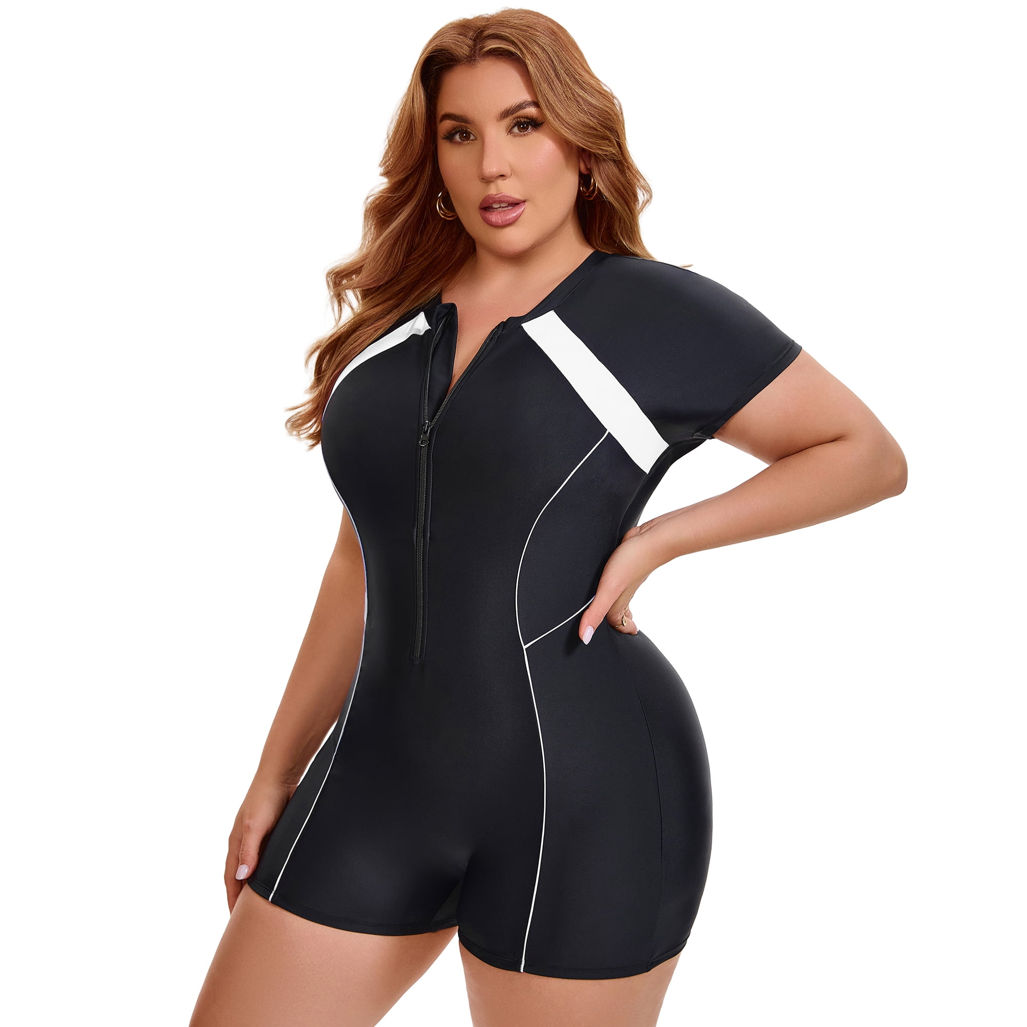 DARING DIVA Women's Plus 1 Piece Surfing with Short Swimwear 2X Black White