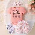 thumbnail image 2 of WIBACKER Newborn Baby Girls Clothes Infant Girls Summer 3PCS Outfits I'm New Here Print Short Sleeve Romper Floral Shorts Headband Set, 2 of 11