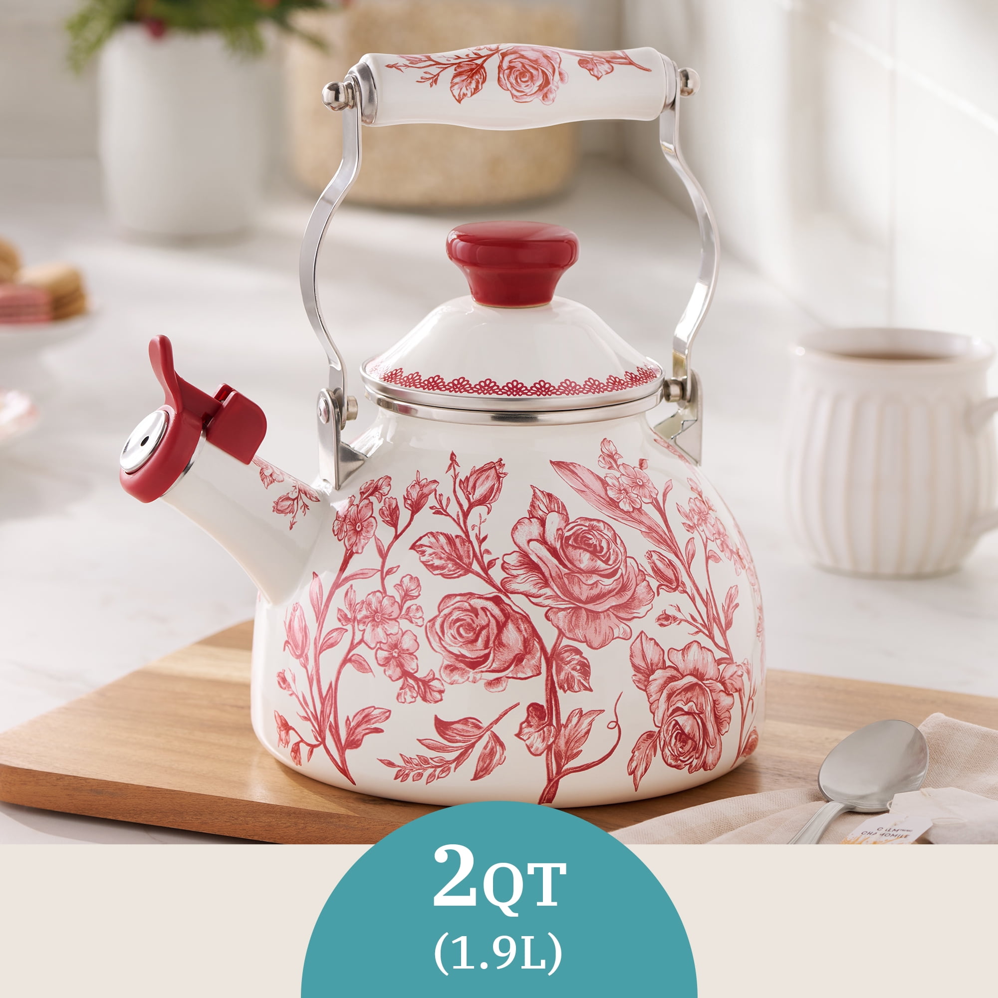 The Pioneer Woman Agatha 2.0-Quart Enamel on Steel Tea Kettle with Lid, Red
