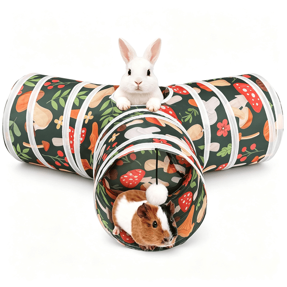 BESTSKY Rabbit Toys, Bunny Tunnel & Tube, Collapsible 3 Way Rabbit Hideout Tunnel with Chew Toy for Bunny Guinea Pig Ferret Kitten Collapsible Bunny Hideout