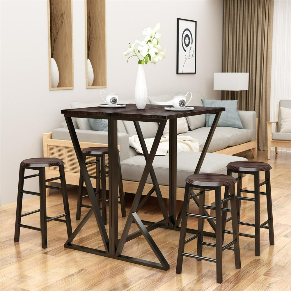 5 Piece Dining Table and Chair Set, Drop Leaf Folding Table with 4 Bar ...