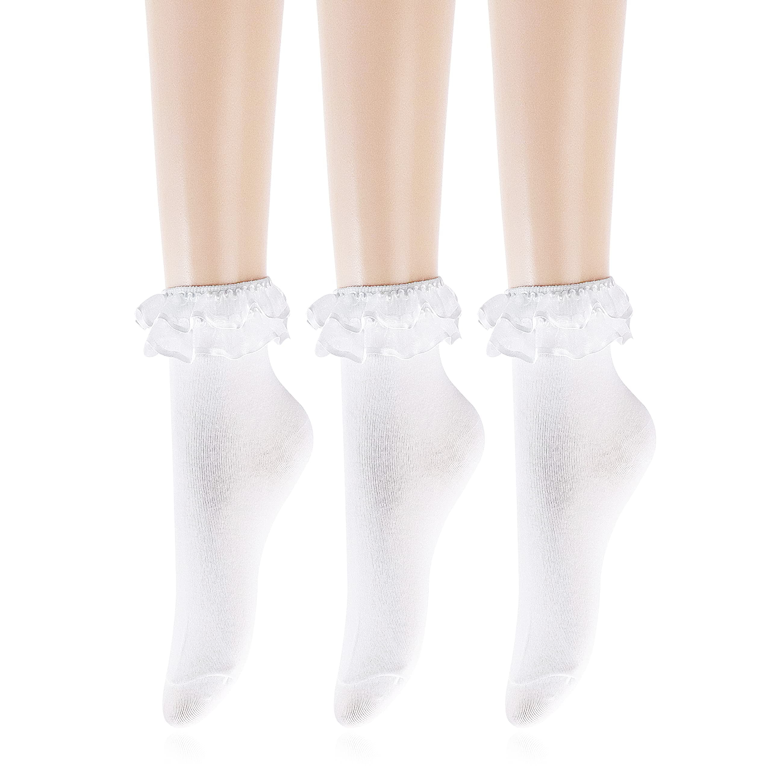 Lovful 3 Pairs Ankle Socks for Women, Cute Lace Ruffle Cotton Socks, Frilly Novelty Dress Socks
