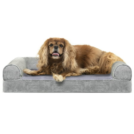 UPC: 0842229106817 | FurHaven Pet Products Faux Fur & Velvet Cooling Gel Memory Foam Sofa-Style Pet Bed for Dogs & Cats – Smoke Gray Medium