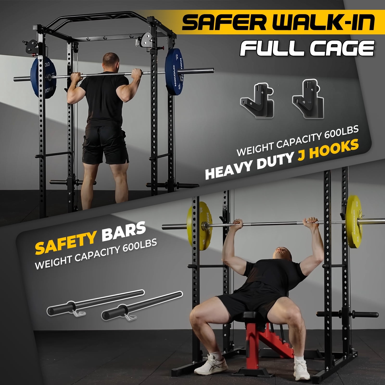 Mikolo Power Cage, Squat Rack with Dual Pulley Cable Crossover System, Multi-function Free Weight Home Gym Workout Machine