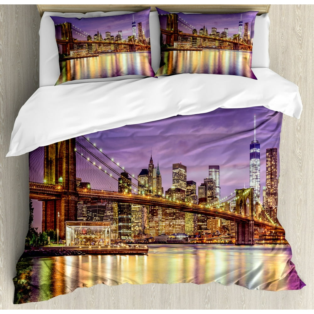 New York Duvet Cover Set, NYC Exquisite Skyline Manhattan Broadway Old Neighborhood Tourist