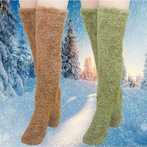 Calcetines de mujer, 2 pares, altos y peludos, por encima de la rodilla, calentadores de piernas de invierno, pantuflas para mujer, calcetines navideños para dormir en casa.