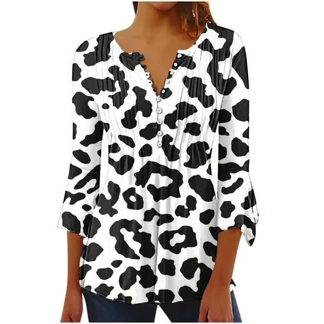 Pompotops Chemises Tuniques Imprimées Florales à Manches 3/4 Décontractées Col en V pour Femmes Chemises Basiques d'Été Blouse Plissée en Liquidation