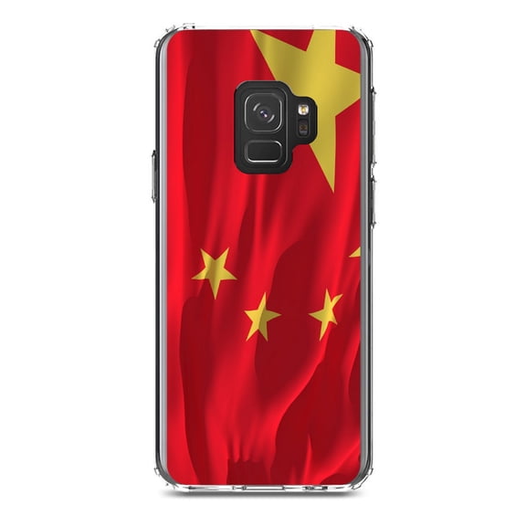 DistinctInk Clear Shockproof Hybrid Case for Samsung Galaxy S9 (5.8" Screen) - TPU Bumper, Acrylic Back, Tempered Glass Screen Protector - China Waving Flag Chinese