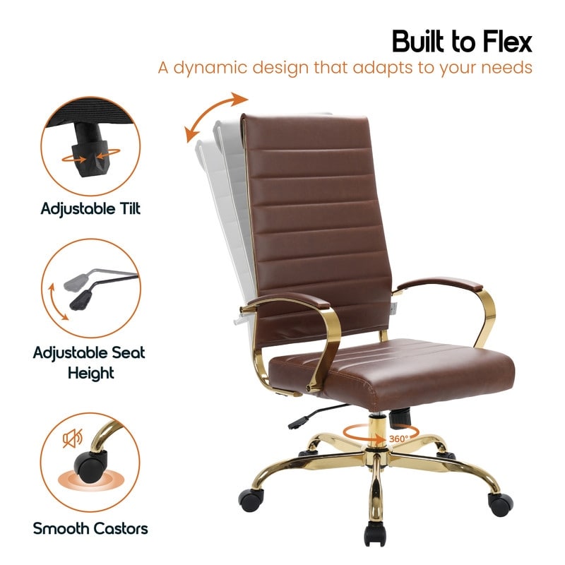 Benmar High-Back Dark Brown Leather Office Desk Chair Ergonomic Executive Chair with Adjustable Swivel, Gold Frame with Cushion Support & Silent Wheels for Home Office Workstations