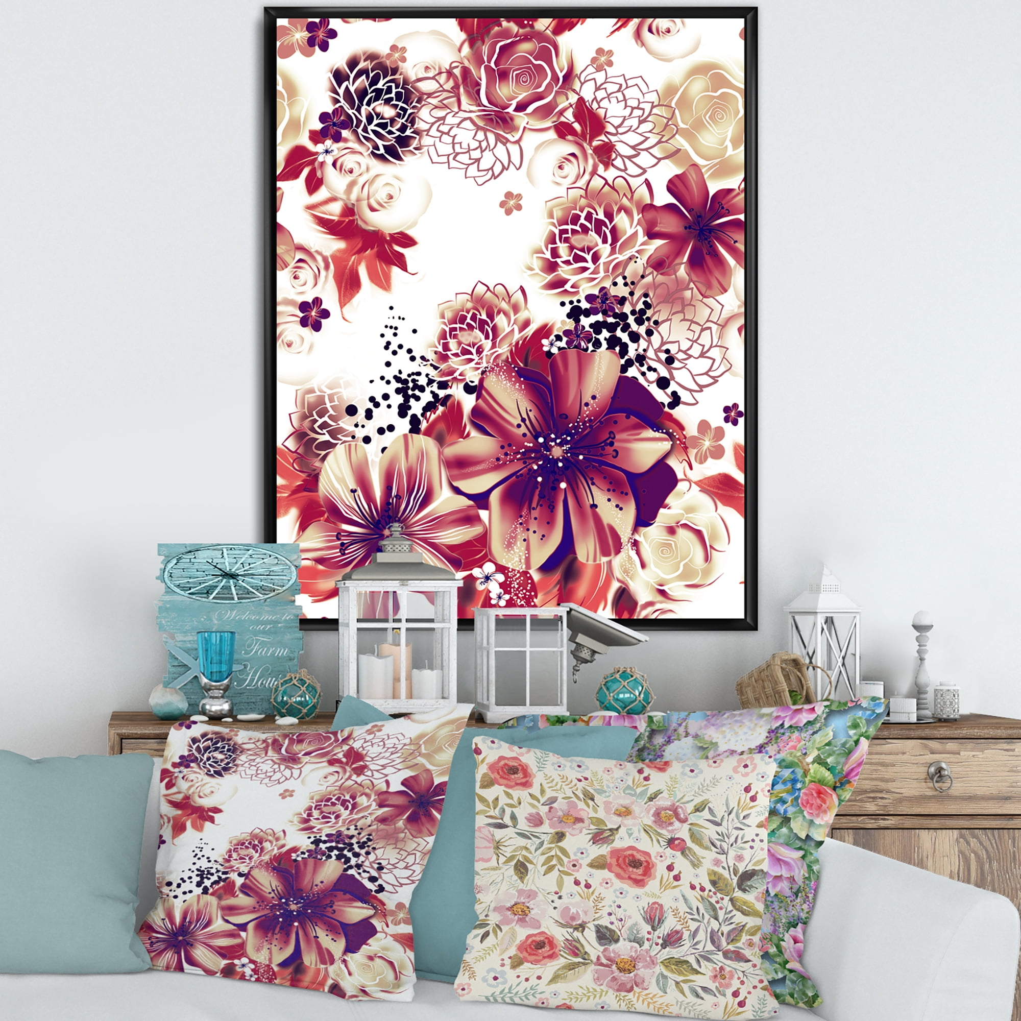 Designart 'Yellow and Pink Flowers Retro' Traditional Framed Canvas Wall Art Print