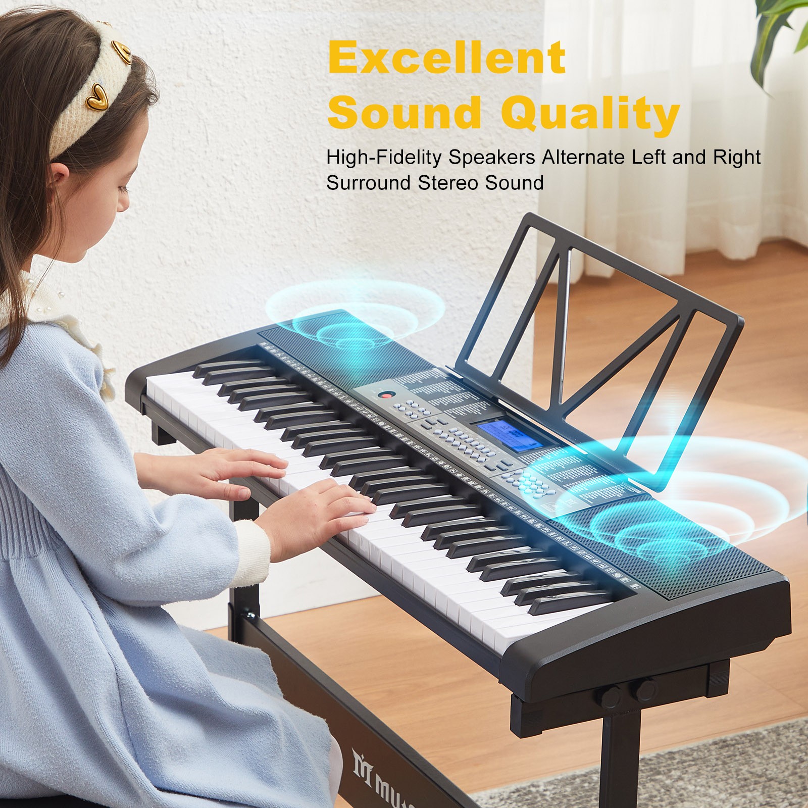 61 Keys Electric Piano Keyboards with Lighted Up Keys,255 rhythms,Bench,Stand,Headphone,Microphone(Black)