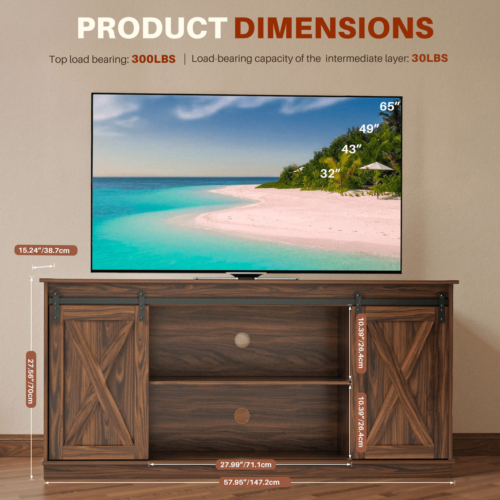 Aukfa TV Stand for TVs up to 65", Entertainment Center with Storage Cabinets and Sliding Barn Doors, for Living Room Bedroom,Walnut