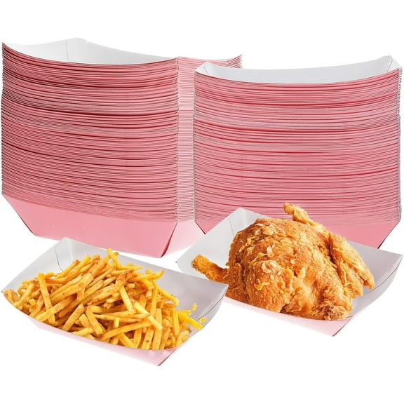 100 Packs 2Lb Paper Food Trays Boat Trays, Disposable Nacho Trays Kraft Paper Boat Paper Food Serving Tray Plate for Takeout Snack Popcorn Dessset Burger Hotdog Sandwich Taco Fries Nacho Pink