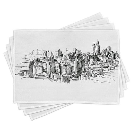 

New York Placemats Set of 4 Sketchy New York Historical Western Center Downtown Modern USA Illustration Print Washable Fabric Place Mats for Dining Room Kitchen Table Decor Grey White by Ambesonne