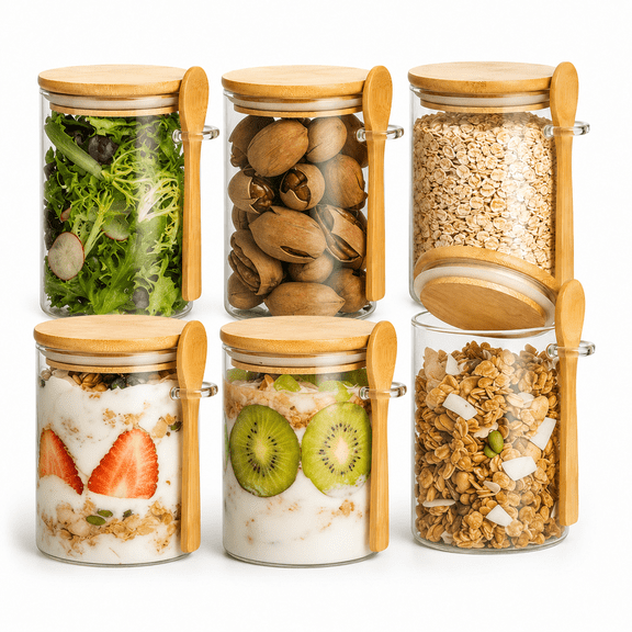 QOPR 6-Piece 23 oz Borosilicate Glass Food Storage Jars with Bamboo Lids and Spoons, Airtight Kitchen Canisters for Overnight Oats, Tea, Pantry