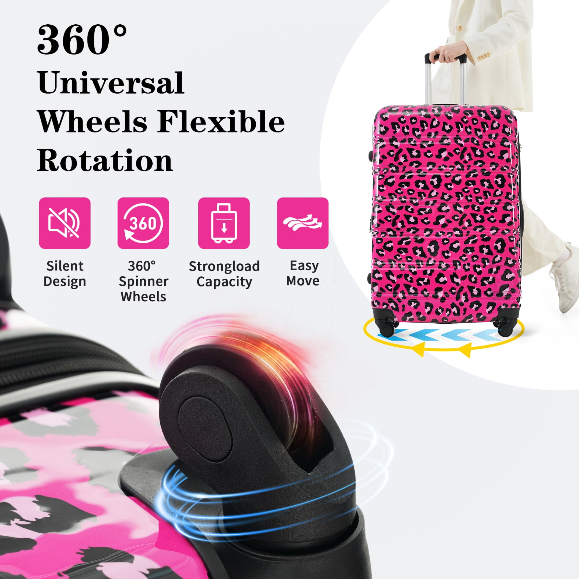 Hardshell Luggage Set 3-Piece Expandable PC Suitcases with TSA Lock & Leopard Print Design, 20"+24"+28" Expandable Capacity for Airport Travel