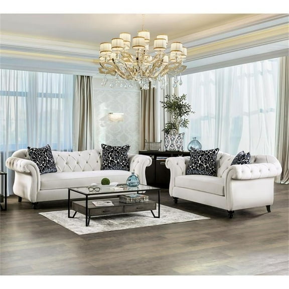 Furniture of America Luo Glam Fabric Tufted 2-Piece Sofa Set in White