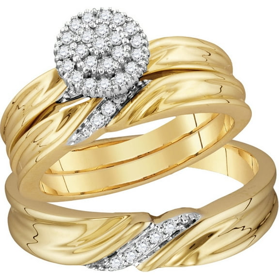 10k Yellow Gold Diamond His & Hers Matching Trio Wedding Engagement Bridal Ring Set 1/4 Ctw