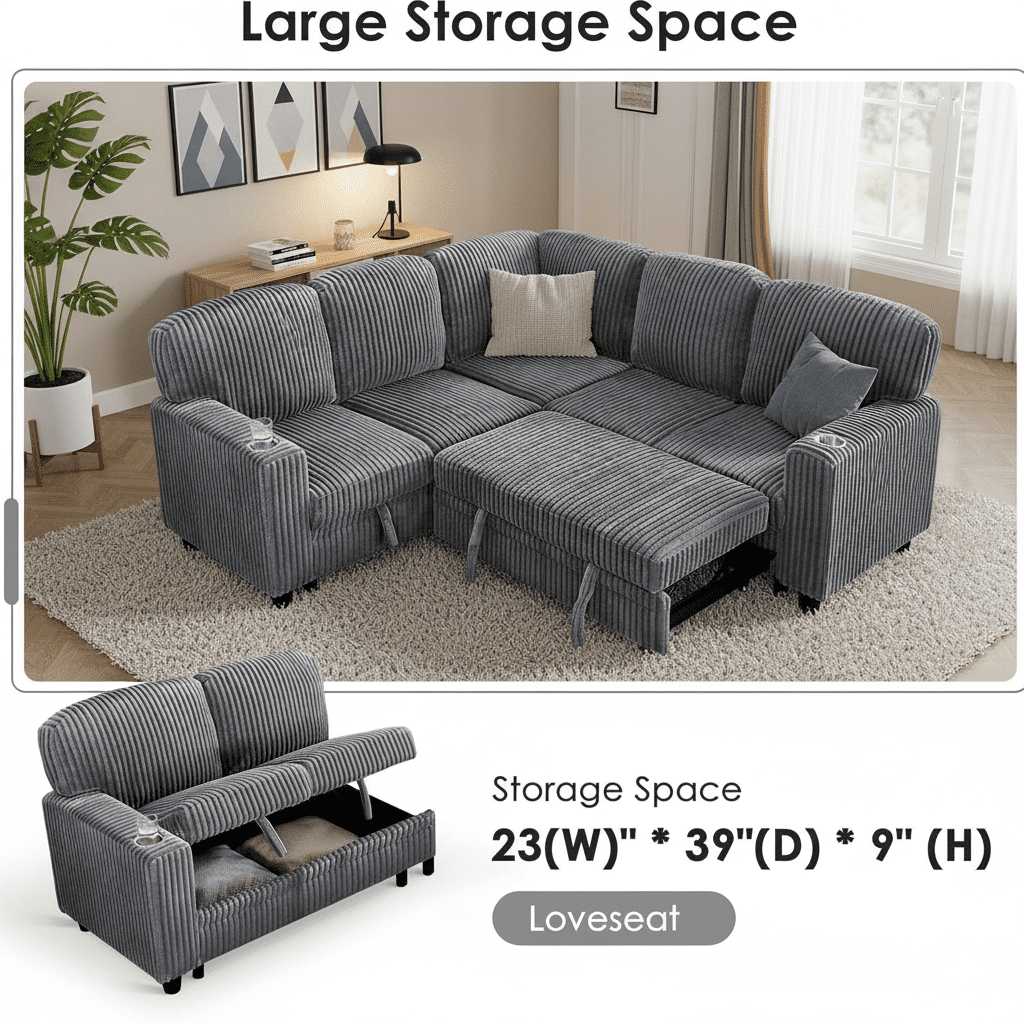 81" Modular Sectional Sofa, Corduroy Pull Out Couch Bed Sleeper Sofa Bed with Storage Seat, Cup Holders & USB/Type-C Ports, V Shaped Sectional Couch for Home Living Room (Grey)
