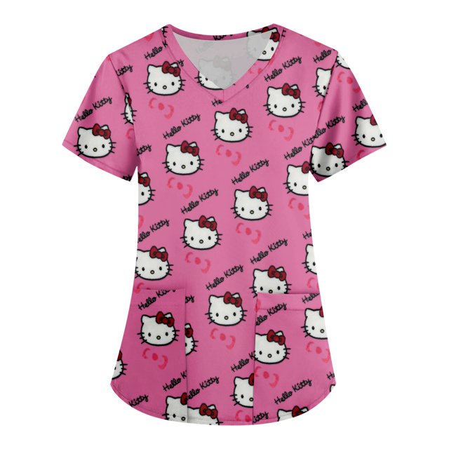Mejor belleza playera de uniforme de trabajo para mujer, ropa de trabajo veterinaria con cuello en V, algodón puro, lindas caricaturas, clínica dental de enfermería