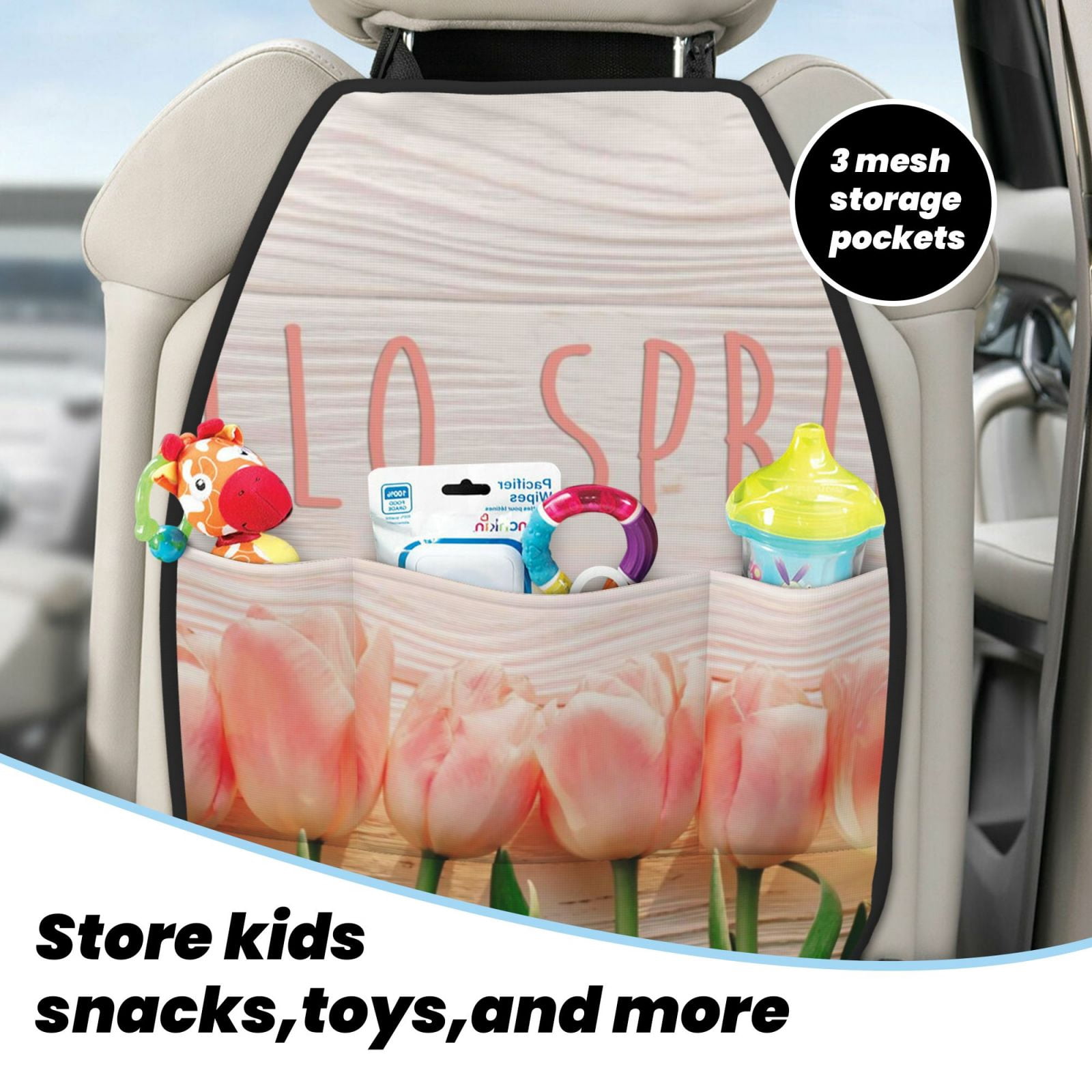 Xecao Hello Spring Pattern Car Seat Back Protector 2 Pack Large Capacity Pocket, Kick Mats Back Seat Protector