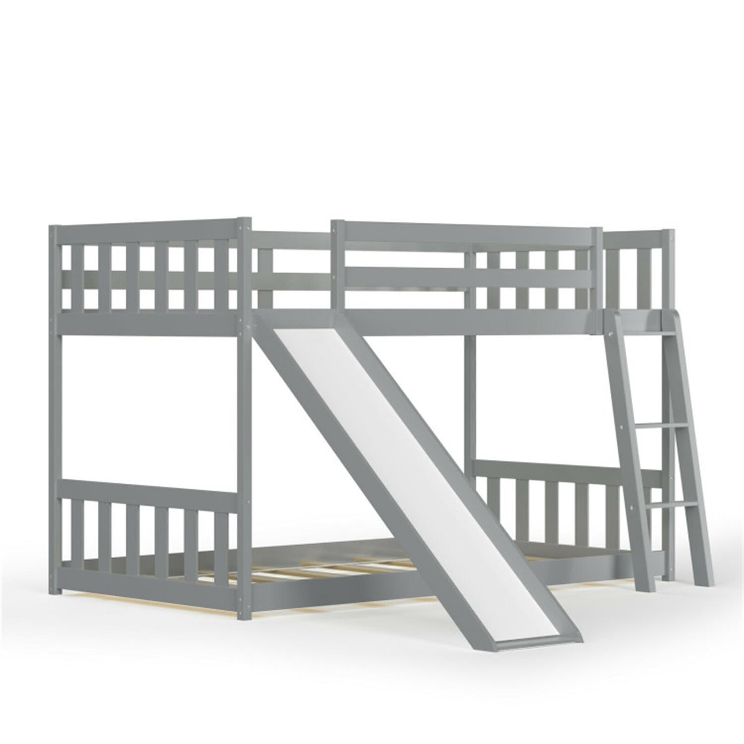 Demi Bonn Twin Over Twin Bunk Bed with High Guardrails and Slide Ladder, Twin Bunk Solid Wood Low Beds, Bed Frame, Gray