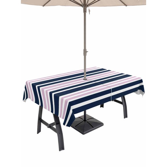 Outdoor Tablecloth with Umbrella Hole, Navy Blue Pink Striped Spillproof Waterproof Outdoor Table Cover, Gradient Horizontal Lines Patio Tablecloths for Party Picnic Camping, Rectangle 60"x120"