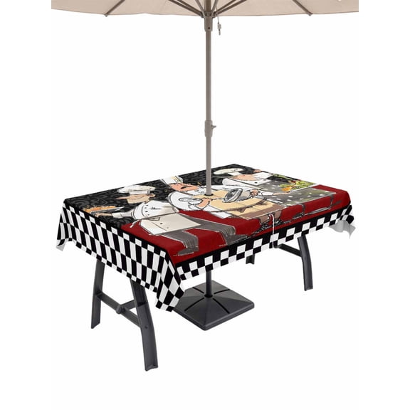 Outdoor Tablecloths with Umbrella Hole & Zipper, Chef Rectangle Tablecloth 60x120 Inch, Cartoon Cute Watercolor Cooking Black Plaid Waterproof Table Cloth, Patio/Pool/Picnic Table Covers