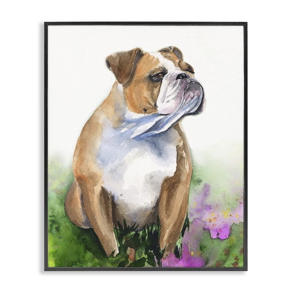 Stupell Industries Farmhouse English Bulldog Grassy Florals Soft Watercolor Portrait Black Framed Giclee Art, 11 x 14, by George Dyachenko