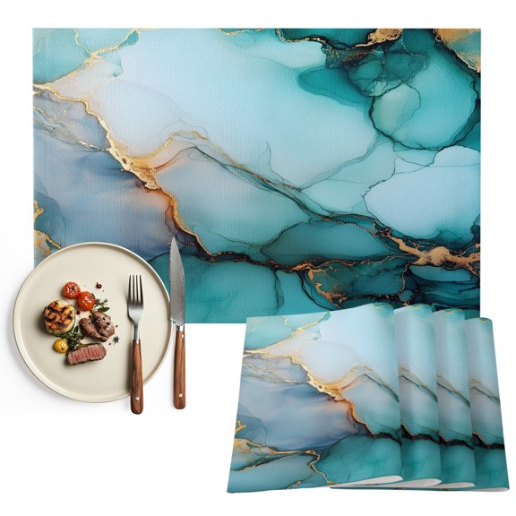 Marble Turquoise Gold Placemats Set of 6, Abstract Simple Geometric Washable Wipeable Table Mats for Dining Tables, Indoor Outdoor Kitchen Place Mats for Holiday Party Table Decor